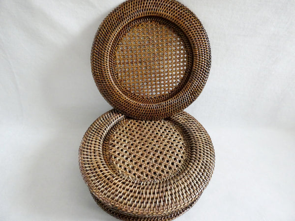 Vintage Rattan Chargers Set, Round Wicker Placemats, Weave Serving Pads France 70s