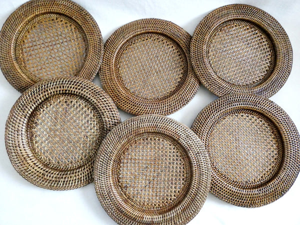 Vintage Rattan Chargers Set, Round Wicker Placemats, Weave Serving Pads France 70s