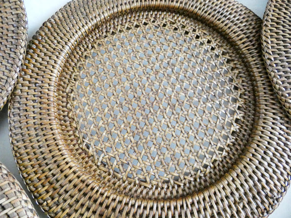 Vintage Rattan Chargers Set, Round Wicker Placemats, Weave Serving Pads France 70s