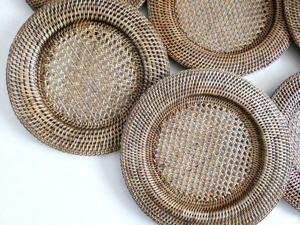 Vintage Rattan Chargers Set, Round Wicker Placemats, Weave Serving Pads France 70s