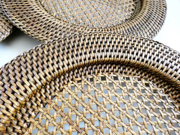 Vintage Rattan Chargers Set, Round Wicker Placemats, Weave Serving Pads France 70s