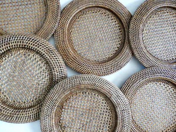 Vintage Rattan Chargers Set, Round Wicker Placemats, Weave Serving Pads France 70s