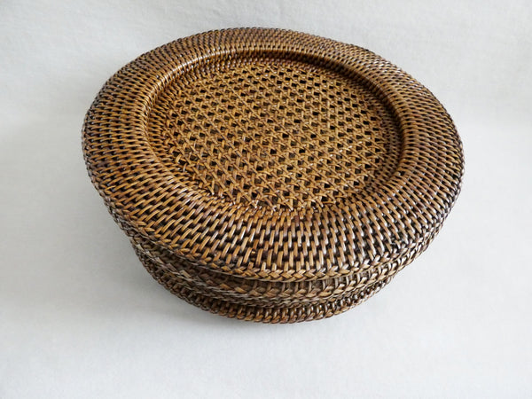 Vintage Rattan Chargers Set, Round Wicker Placemats, Weave Serving Pads France 70s