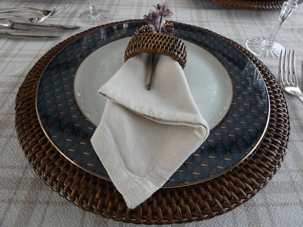 Round Rattan Chargers, Set of 6 Rustic Rattan Coasters + 6 Napkin rings rattan, Vintage  Handmade  Rattan table,