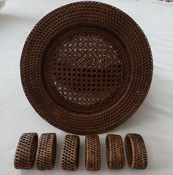 Round Rattan Chargers, Set of 6 Rustic Rattan Coasters + 6 Napkin rings rattan, Vintage  Handmade  Rattan table,