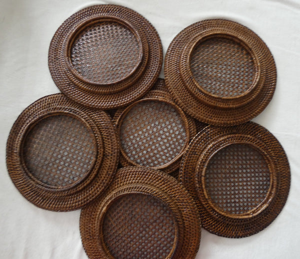 Round Rattan Chargers, Set of 6 Rustic Rattan Coasters + 6 Napkin rings rattan, Vintage  Handmade  Rattan table,