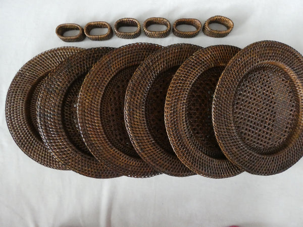 Round Rattan Chargers, Set of 6 Rustic Rattan Coasters + 6 Napkin rings rattan, Vintage  Handmade  Rattan table,