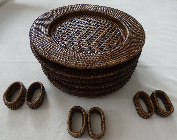 Round Rattan Chargers, Set of 6 Rustic Rattan Coasters + 6 Napkin rings rattan, Vintage  Handmade  Rattan table,