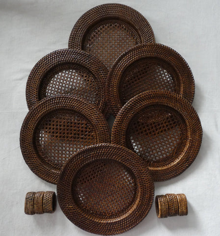 Round Rattan Chargers, Set of 6 Rustic Rattan Coasters + 6 Napkin rings rattan, Vintage  Handmade  Rattan table,