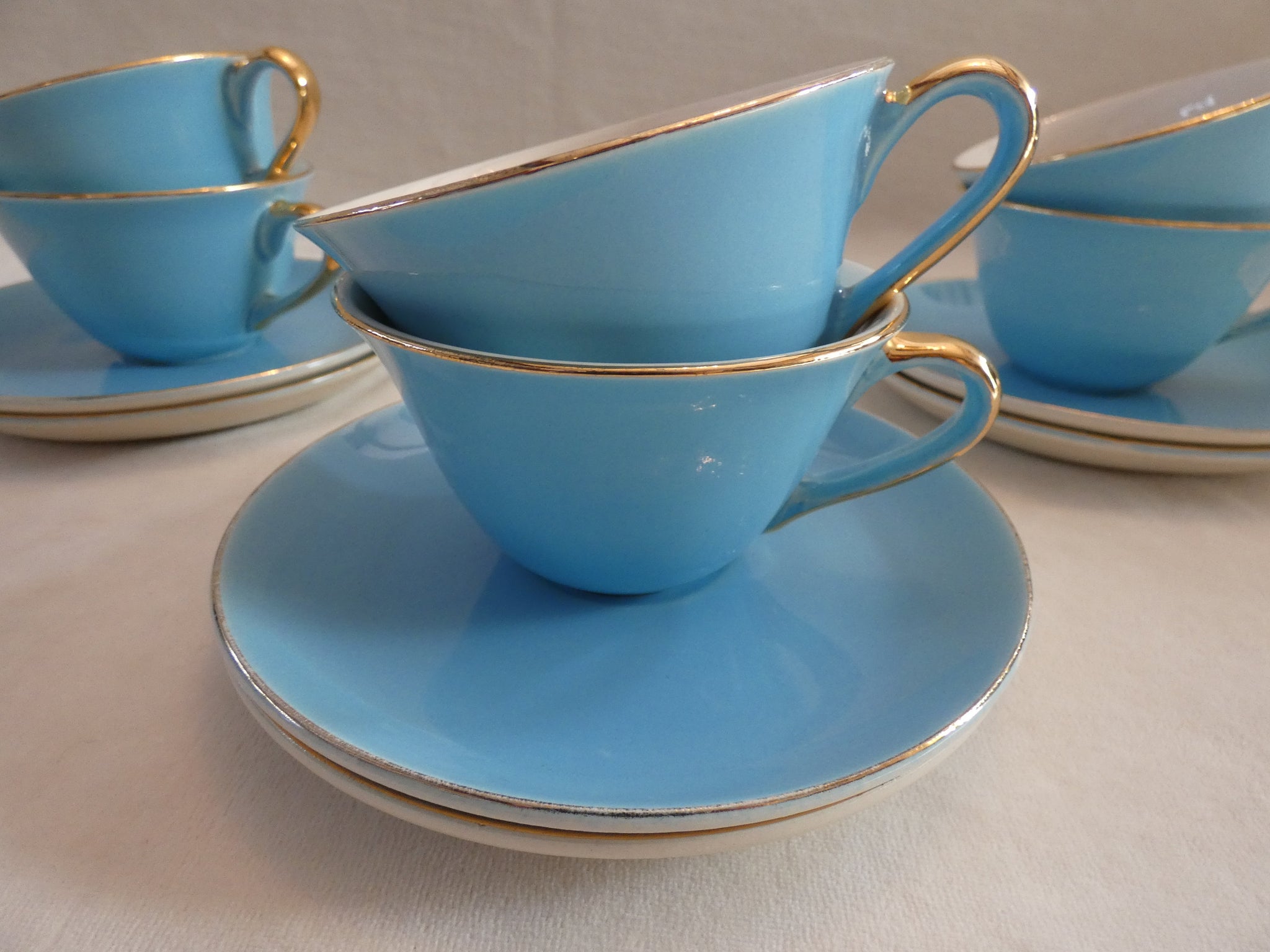 Coffee set of 3 Boch Frères Keralux Belgian Pottery, Boch Frères  Expo 58, Pastel Blue Gold 24 k Boch Seduction 1958 Belgian Porcelain,