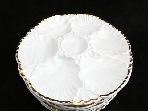 6 Antique Porcelaine Baudour Cerabel Oyster Plates Belgian White and Gold Oyster Platters circa 1940