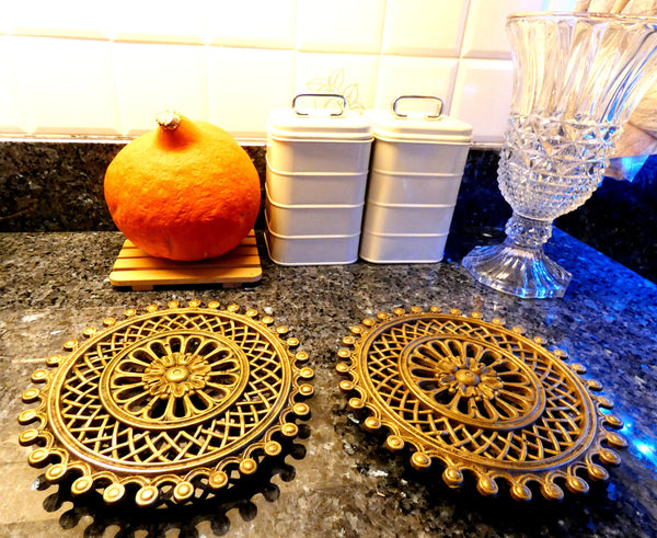 Vintage French Cast Brass Trivets Stand Hot Plate, Pot Holder, Retro Kitchen, Country House Style, Shabby Chic