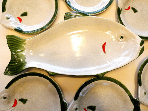 Set of 7 Waechtersbach Fish Plates, Rare Waechtersbach Pottery Fish Plates, Vintage Fish Shaped Plates West Germany 60s, Hand Painted,