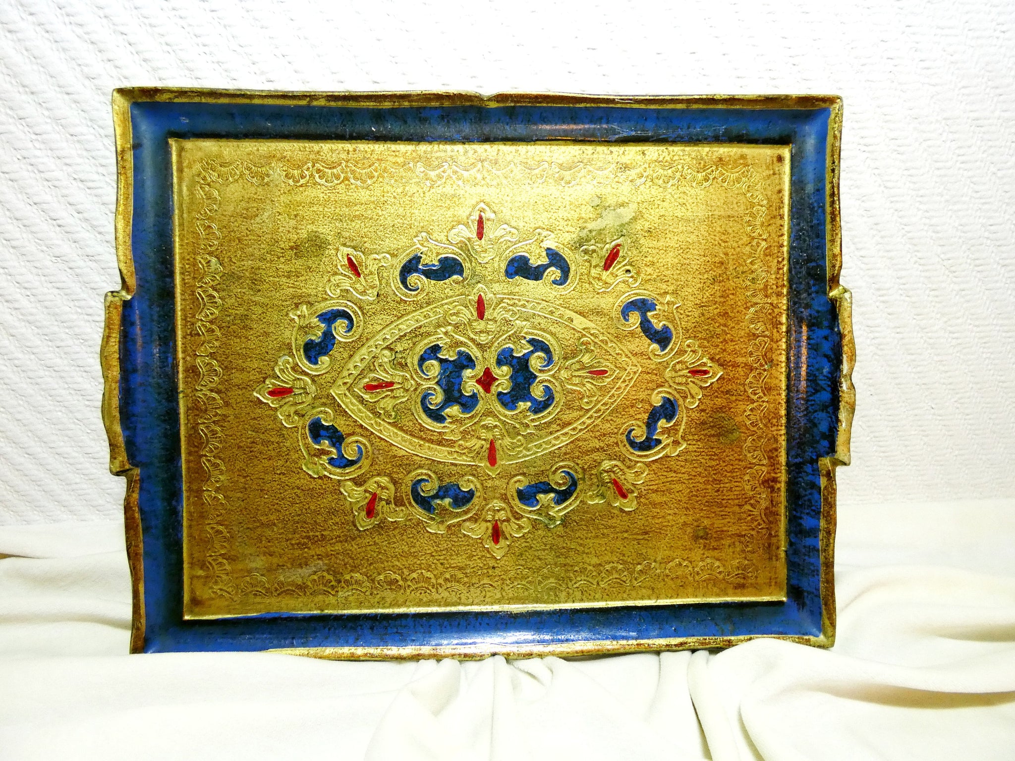 Antique Italian Florentine Wooden Tray Blue and Gold Platter, Vintage Italian Tray Hand Painted Florentine baroque style