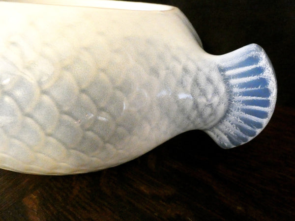 Antique French Majolica Blue Fish Dish, Vintage Fish Dinnerware Salins Les Bains Inaltérable, France 1950s