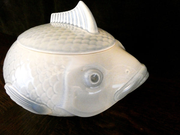 Antique French Majolica Blue Fish Dish, Vintage Fish Dinnerware Salins Les Bains Inaltérable, France 1950s