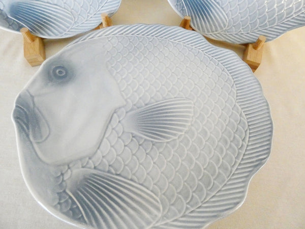 6 Antique French Majolica Blue Fish Plates, Vintage Fish Dinnerware Salins Les Bains Inaltérable, France 1950s