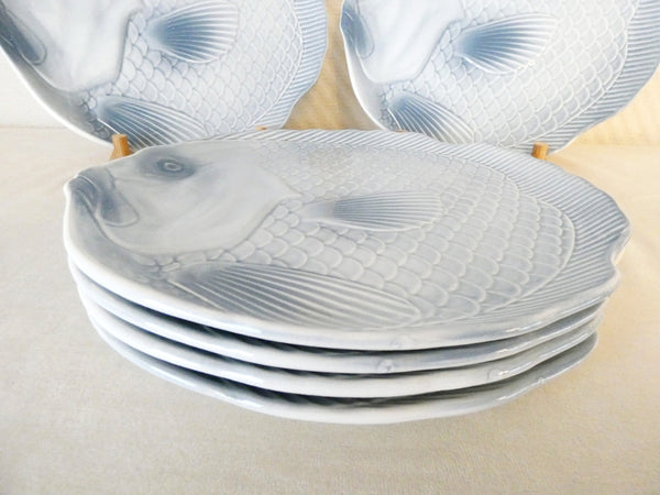 6 Antique French Majolica Blue Fish Plates, Vintage Fish Dinnerware Salins Les Bains Inaltérable, France 1950s