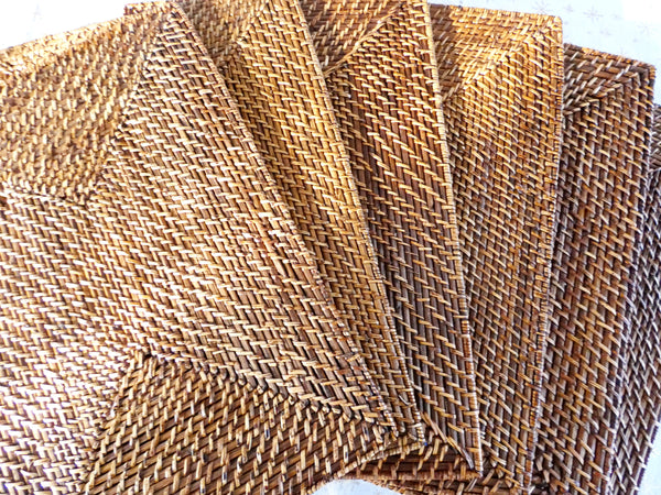 Set of 6 Vintage Rectangular Rattan Chargers, Rustic Rattan Coasters, Handmade Rattan Placemats