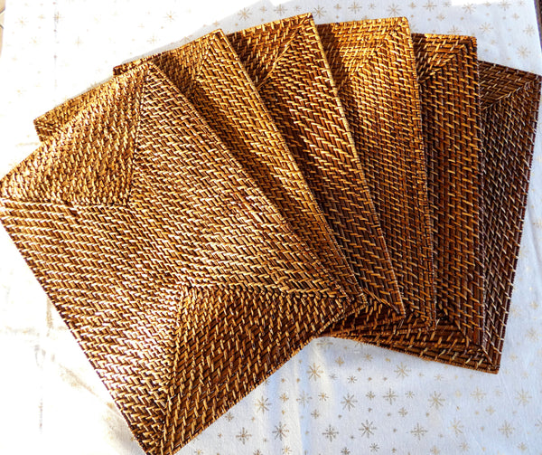 Set of 6 Vintage Rectangular Rattan Chargers, Rustic Rattan Coasters, Handmade Rattan Placemats