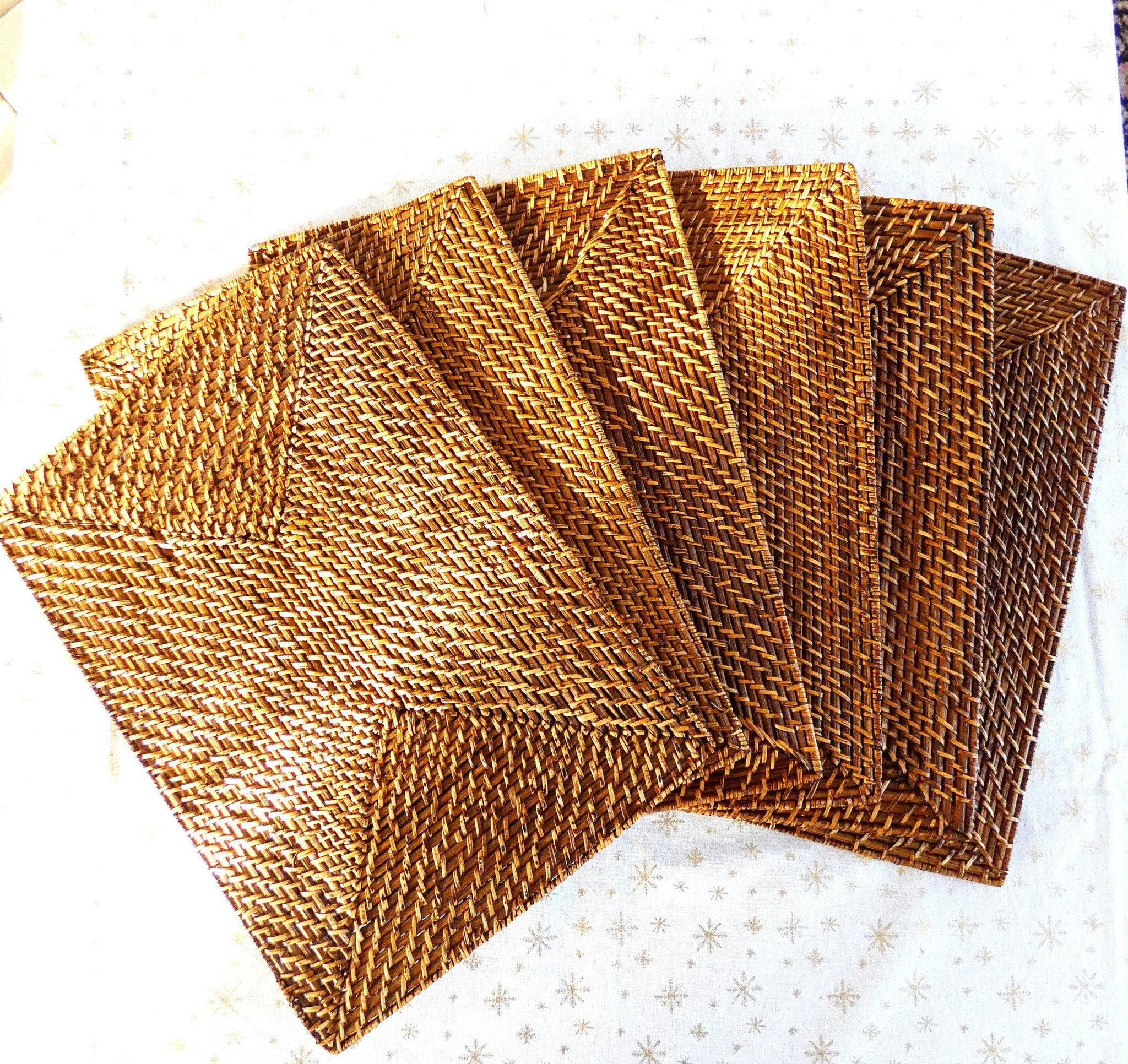 Set of 6 Vintage Rectangular Rattan Chargers, Rustic Rattan Coasters, Handmade Rattan Placemats