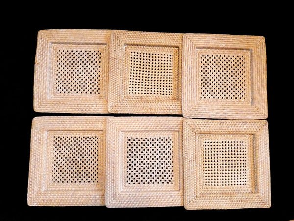 Set of 6 Vintage Square Rattan Chargers, Rattan placemats, Vintage Serving Pads, Woven Rattan Plate Chargers,