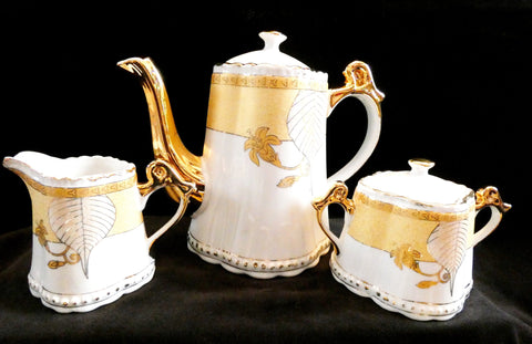 English Art Nouveau Porcelain Coffee Set, Vintage Coffee Service, Rare Gold Art Nouveau Coffee Set, England,1960s