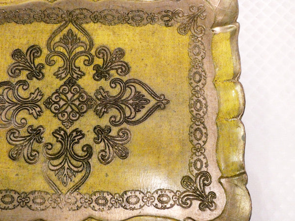 Antique Italian Florentine Wooden Tray Yellow and Gold Platter, Vintage Italian Tray Hand Painted Florentine baroque style