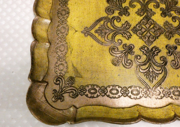Antique Italian Florentine Wooden Tray Yellow and Gold Platter, Vintage Italian Tray Hand Painted Florentine baroque style