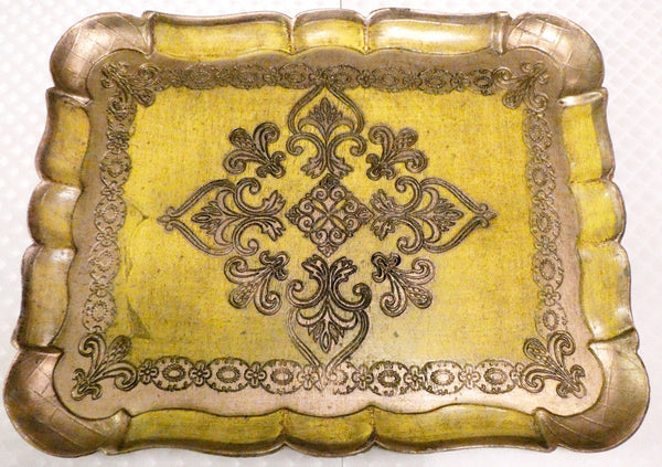 Antique Italian Florentine Wooden Tray Yellow and Gold Platter, Vintage Italian Tray Hand Painted Florentine baroque style
