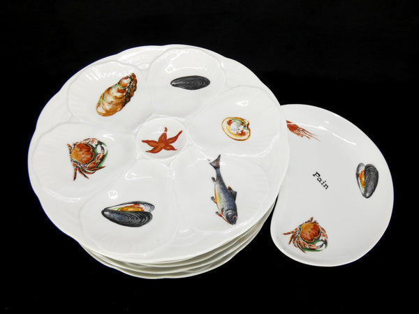 6 Vintage Oyster Plates, ‘Decors de Paris’, French White Oyster Plate,  Barbotine Porcelain Oyster Platter, Porcelaine de Paris Collection