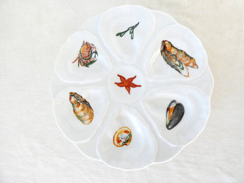 6 Porcelaine de Paris Collection Antique Oyster Plates, ‘Decors de Paris’ Seafood Dishes, Vintage Barbotine Porcelaine Oyster Platter