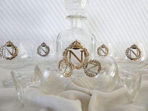 Napoleon Cognac Decanter 6 Brandy glasses with  monogram Napoleon, French Vintage Gift Collector