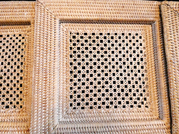 Set of 6 Vintage Square Rattan Chargers, Rattan placemats, Vintage Serving Pads, Woven Rattan Plate Chargers,