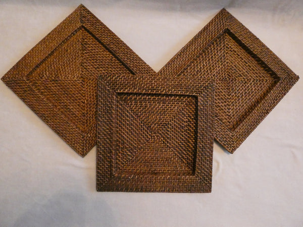 Vintage Square Rattan Chargers, set of 3 Beautiful Rattan Chargers, Rattan placemats, Vintage Serving Pads, Woven Rattan Plate Chargers,