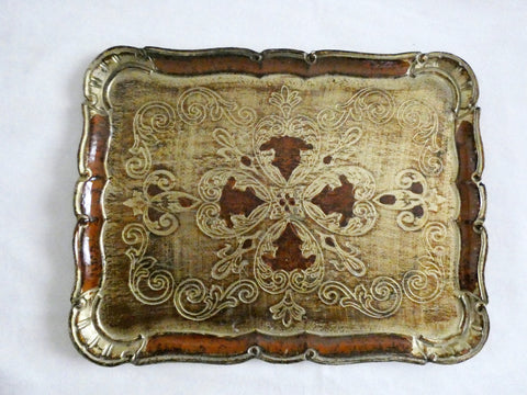 Antique Italian Florentine Wooden Tray Brown and Gold Platter, Vintage Italian Tray Hand Painted Florentine baroque style