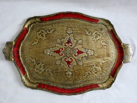 Antique Italian Florentine Wooden Tray Red and Gold, Vintage Italian Tray Hand Painted Florentine baroque style