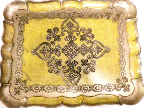 Antique Italian Florentine Wooden Tray Yellow and Gold Platter, Vintage Italian Tray Hand Painted Florentine baroque style