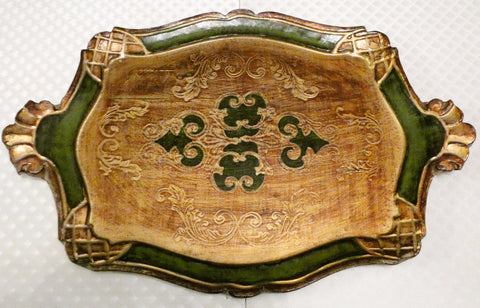 Antique Italian Florentine Wooden Tray Green and Gold Platter, Vintage Italian Tray Hand Painted Florentine baroque style