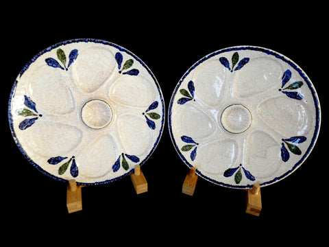 2 Antique Salins Oyster Plates, France 1930s,  Vitage French Majolica Oyster Platter, French Barbotine Salins Pottery, Vintage Seafood Dish