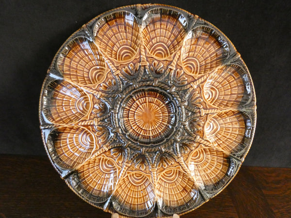 Vintage Extra-large Sarreguemines Majolica Oyster Plate, French Sarreguemines Barbotine Oyster Platter, Barbotine Oyster Plate, France 1950s