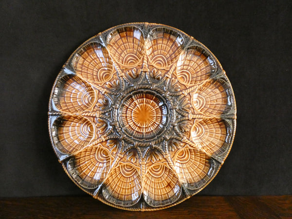 Vintage Extra-large Sarreguemines Majolica Oyster Plate, French Sarreguemines Barbotine Oyster Platter, Barbotine Oyster Plate, France 1950s