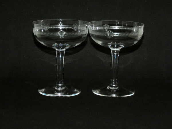 2 Vintage French Crystal Engraved Champagne Glasses, Retro Engraved Champagne Coupes, Made in France 1930s, Wedding Champagne Flutes