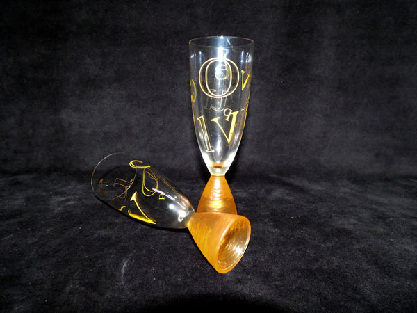 2 Rare Veuve Clicquot Ponsardin Champagne Alphabet Flutes, Rare French Champagne glasses, VCP Champagne Glasses 1990s