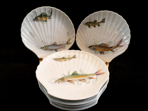 6 Limoges Porcelain Fish Plates, Exclusivité Porcelaine de Sologne, Vintage French Fish Dishes