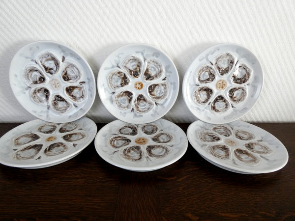 6 French Oyster Plates, French Vintage Oysters Platter, 1950s Faience de Saint Amand Oyster Plates, Seafood Plates